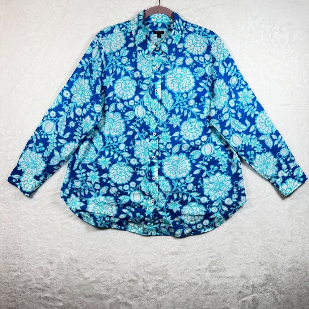 Talbots Plus 1X Blue Aqua Floral Button Down Shirt Cotton Long Sleeve Blouse